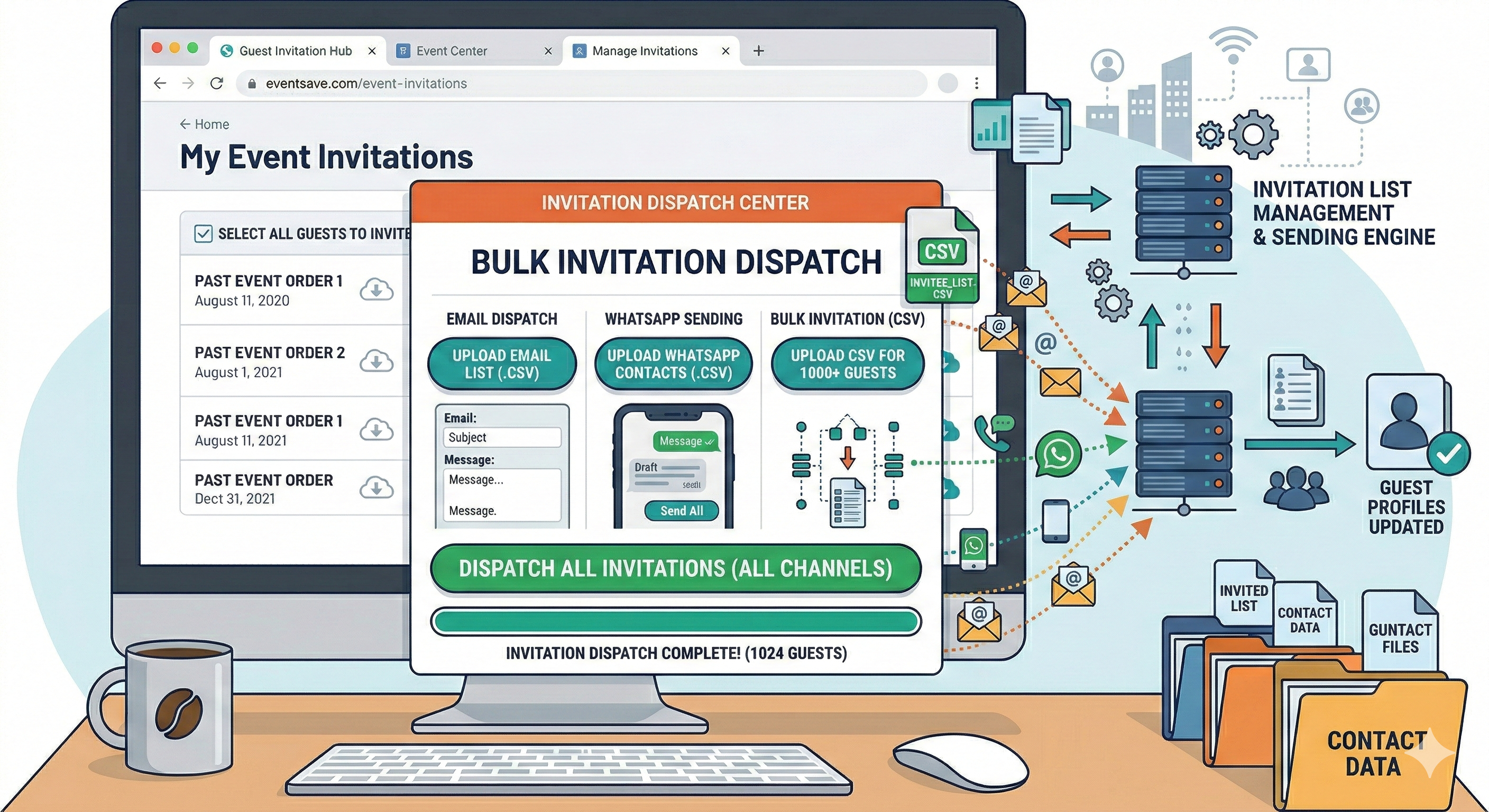 Software process showing upload CSV and invite users via email and whatsapp tickets - powered by TicketsFarm