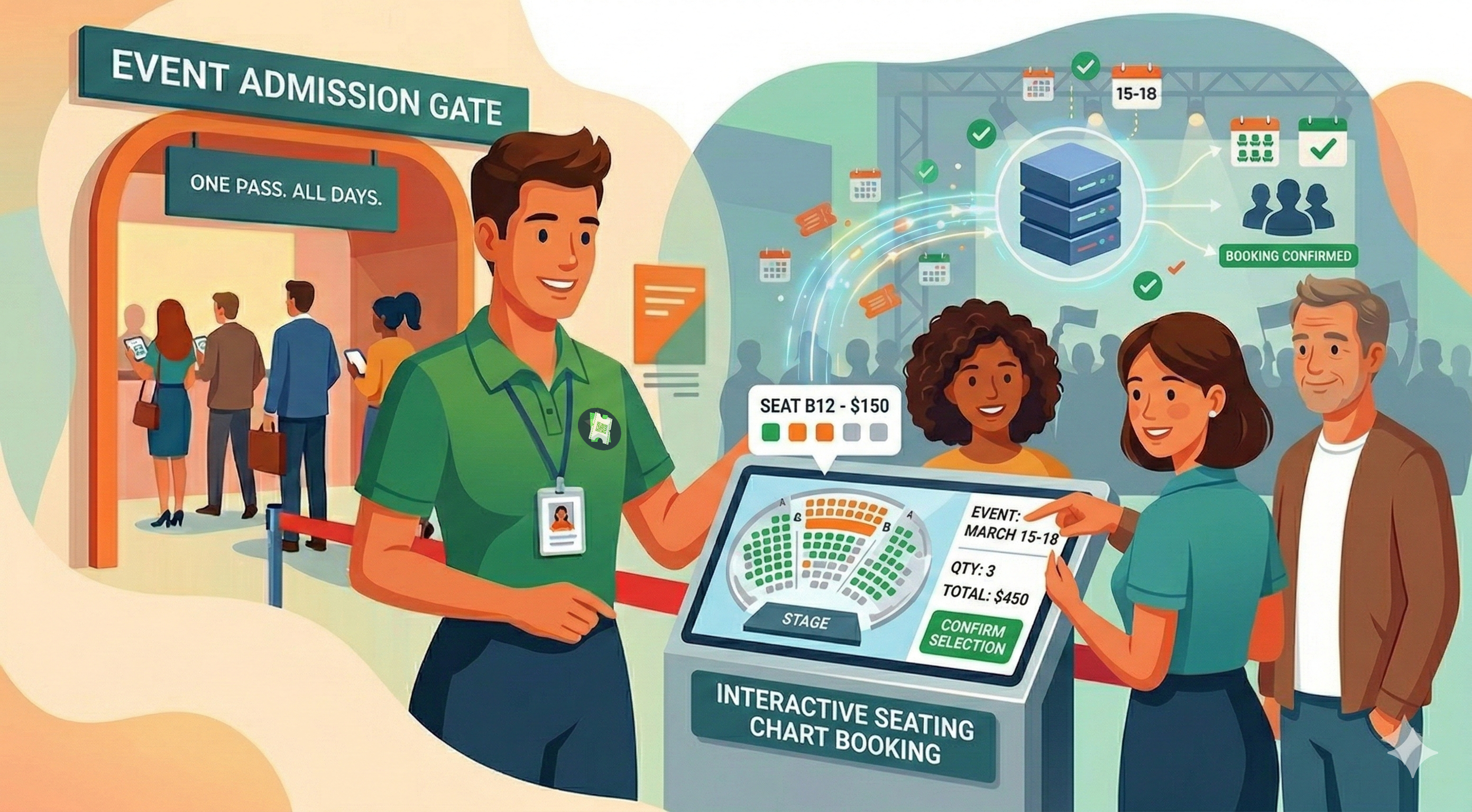 Event manager helping guests to book tickets via kiosk - Powered by TicketsFarm